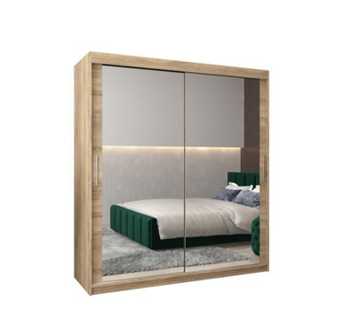 Arte Tokyo 03 Contemporary Mirrored 2 Sliding Door Wardrobe 9 Shelves 2 Rails Oak Sonoma Effect (H)2000mm (W)1800mm (D)620mm - image 1