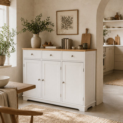 Wyld Haus Totoro White Sideboard With Natural Rubberwood Top, 3 Doors, 3 Drawers, 3 Shelves - 101W X 40D X 85H Cm - image 1
