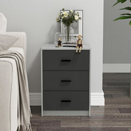 Urbn-Living Urbnliving Height 56Cm 3 Drawer Wooden Bedroom Bedside Cabinet Furniture Grey Carcass And Black Drawers Storage Nightstand - thumbnail 4
