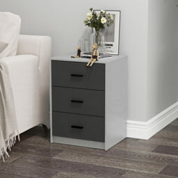Urbn-Living Urbnliving Height 56Cm 3 Drawer Wooden Bedroom Bedside Cabinet Furniture Grey Carcass And Black Drawers Storage Nightstand - thumbnail 3