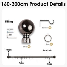 Oxford Homeware Satin Black Nickel Effect Extendable Curtain Pole With Metal Ball Finials, (L)1600mm-3000mm (Dia) 28mm - thumbnail 4