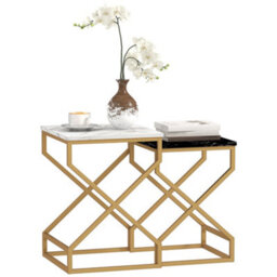 Wyld Haus Revi Set Of 2 Marble-Effect Nesting Side Tables - Gold Metal Legs - thumbnail 2
