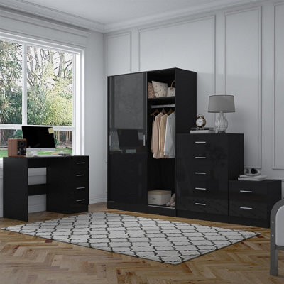 Reflect 2 Door Sliding Wardrobe, 5 Drawer Chest, 2 Drawer Bedside & Desk - Black Gloss & Black Oak - Modern Bedroom Furniture Set - image 1