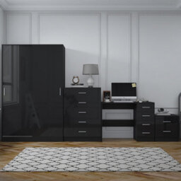 Reflect 2 Door Sliding Wardrobe, 5 Drawer Chest, 2 Drawer Bedside & Desk - Black Gloss & Black Oak - Modern Bedroom Furniture Set - thumbnail 4