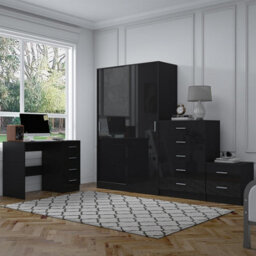 Reflect 2 Door Sliding Wardrobe, 5 Drawer Chest, 2 Drawer Bedside & Desk - Black Gloss & Black Oak - Modern Bedroom Furniture Set - thumbnail 2