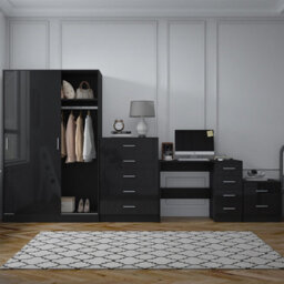 Reflect 2 Door Sliding Wardrobe, 5 Drawer Chest, 2 Drawer Bedside & Desk - Black Gloss & Black Oak - Modern Bedroom Furniture Set - thumbnail 3