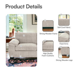 BlissFurniture Ltd Jumbo Cord Amalfi 3 Seater Sofa Stylish And Spacious Sofa For Modern Living Rooms Soft Cushions & Cozy Soft Cord Fabric In Cream - thumbnail 3