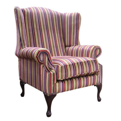 Chesterfield High Back Wing Chair Riga Stripe 08 Velvet Fabric In Mallory Style - image 1