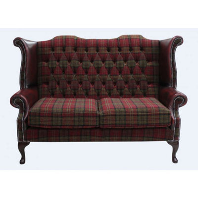 Chesterfield 2 Seater High Back Sofa Lana Terracotta Fabric Antique Oxblood Leather In Queen Anne Style - image 1