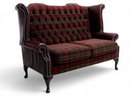Chesterfield 2 Seater High Back Sofa Lana Terracotta Fabric Antique Oxblood Leather In Queen Anne Style - thumbnail 3