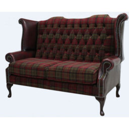 Chesterfield 2 Seater High Back Sofa Lana Terracotta Fabric Antique Oxblood Leather In Queen Anne Style - thumbnail 2