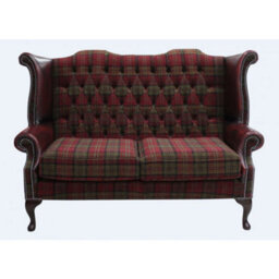 Chesterfield 2 Seater High Back Sofa Lana Terracotta Fabric Antique Oxblood Leather In Queen Anne Style - thumbnail 1