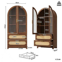 Btm Display Case With Montmartre Archx2, 175X80X40Cm, Bookcase With 2 Drawers & Adjustable Shelves, Retro Design, Natural Color - thumbnail 9