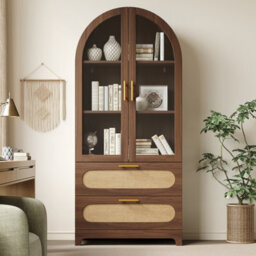 Btm Display Case With Montmartre Archx2, 175X80X40Cm, Bookcase With 2 Drawers & Adjustable Shelves, Retro Design, Natural Color - thumbnail 5