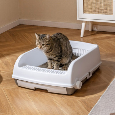 Costway Semi-Auto Open-Top Cat Litter Box Splash-Proof Cat Toilet W/ Potty Tray - image 1
