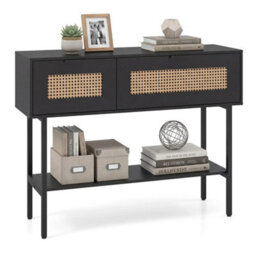 Boho Rattan Entryway Console Table Flip Doors - thumbnail 3