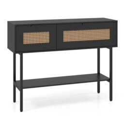 Boho Rattan Entryway Console Table Flip Doors - thumbnail 1
