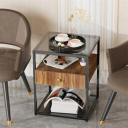 Industrial Metal Bedside Table Nightstand End Table Storage Shelves With Drawer - thumbnail 3