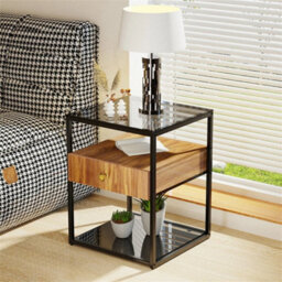 Industrial Metal Bedside Table Nightstand End Table Storage Shelves With Drawer - thumbnail 5