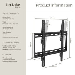 Tectake Television Bracket - 26 -75 Inch Screens, Tiltable, Width-Adjustable Tv Wall Mount 100 Kg - Black - thumbnail 6