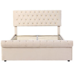 150X200Cm King Bed Luxurious Velvet Button-Tufted Sleigh Bed Storage Functional Upholstered Bed With Slatted Frame And Storage Bei - thumbnail 3