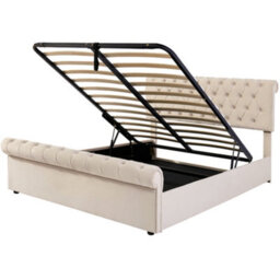 150X200Cm King Bed Luxurious Velvet Button-Tufted Sleigh Bed Storage Functional Upholstered Bed With Slatted Frame And Storage Bei - thumbnail 6