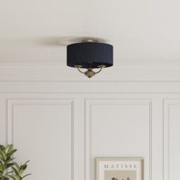 GoodHome Round Satin Fabric & Metal Navy Antique Brass Effect 3 Lamp Led Ceiling Light - thumbnail 7