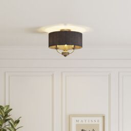 GoodHome Round Satin Fabric & Metal Navy Antique Brass Effect 3 Lamp Led Ceiling Light - thumbnail 2