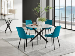 Furniturebox Uk Novara White Marble Black Leg 120Cm Round Dining Table & 4 Blue Pesaro Black Leg Chairs