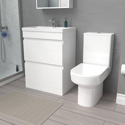 Nes Home 600mm 2 Drawers Gloss Basin Vanity & Close Coupled Toilet White - image 1
