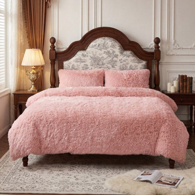 Darphe 3Pcs Single Side Faux Mink Fleece Bedding Duvet Cover With 2 Pillowcases Pink - image 1