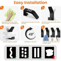 4 Pack Wall Mounted Coat Rack, Adhesive Wall Hook In Aluminum, Self, Ideal For Kitchen, Bathroom And Office, Black) - thumbnail 8