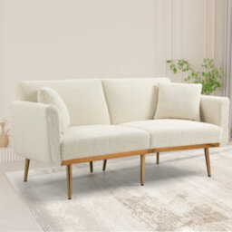 Matteo Modern 2-Seater Sofa Bed With 3-Position Adjustable Backrest, Plush Teddy Fabric & Gold Metal Legs