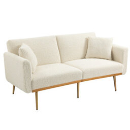 Matteo Modern 2-Seater Sofa Bed With 3-Position Adjustable Backrest, Plush Teddy Fabric & Gold Metal Legs - thumbnail 7