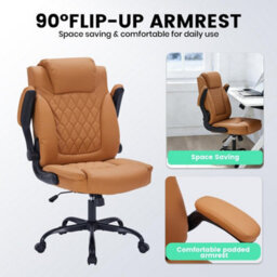 Office Chair With Flip Up Arms, Lumbar Support,tilt Lock Brown - thumbnail 4