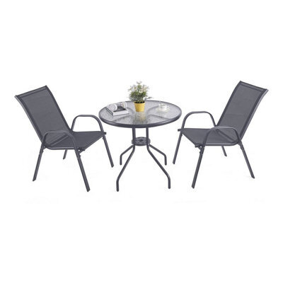 Urbn-Living Urbnliving 3 Piece Garden Bistro Set Round Glass Table & 2 Chairs Outdoor Patio Balcony Furniture - Grey - image 1