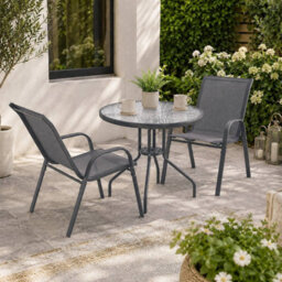 Urbn-Living Urbnliving 3 Piece Garden Bistro Set Round Glass Table & 2 Chairs Outdoor Patio Balcony Furniture - Grey - thumbnail 3