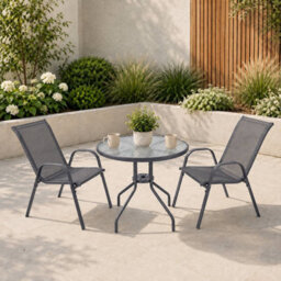 Urbn-Living Urbnliving 3 Piece Garden Bistro Set Round Glass Table & 2 Chairs Outdoor Patio Balcony Furniture - Grey - thumbnail 2