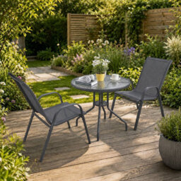 Urbn-Living Urbnliving 3 Piece Garden Bistro Set Round Glass Table & 2 Chairs Outdoor Patio Balcony Furniture - Grey - thumbnail 4