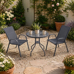 Urbn-Living Urbnliving 3 Piece Garden Bistro Set Round Glass Table & 2 Chairs Outdoor Patio Balcony Furniture - Grey - thumbnail 5