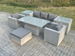 Fimous Rattan Garden Funiture Set Adjustable Rising Lifting Table Sofa Dining Set With 2 Arm Chair 2 Side Table Footstool - thumbnail 2