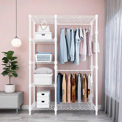 White Heavy Duty Clothes Rail Rack With 2 Rods 4 Hooks Garment Stand - image 1