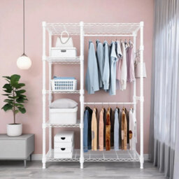 White Heavy Duty Clothes Rail Rack With 2 Rods 4 Hooks Garment Stand - thumbnail 1