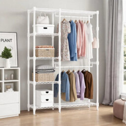 White Heavy Duty Clothes Rail Rack With 2 Rods 4 Hooks Garment Stand - thumbnail 3