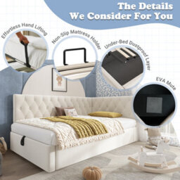 Matteo 3Ft Single Daybed Upholstered Sofa Bed With Hydraulic Ottoman Storage, Velvet Beige - thumbnail 4
