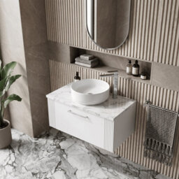 Balterley Belvide Partial Fluted 1 Drawer Wall Hung Vanity Unit With Carrera Marble Laminate Worktop - 800mm - Satin White - thumbnail 3