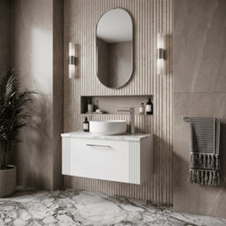 Balterley Belvide Partial Fluted 1 Drawer Wall Hung Vanity Unit With Carrera Marble Laminate Worktop - 800mm - Satin White - thumbnail 4