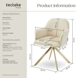 Tectake Set Of 6 Lounge Armchair Living Room Accent Chair 360 Swivel Slim Steel Legs Velvet Fabric   - Cream/gold - thumbnail 6