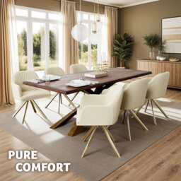 Tectake Set Of 6 Lounge Armchair Living Room Accent Chair 360 Swivel Slim Steel Legs Velvet Fabric   - Cream/gold - thumbnail 9