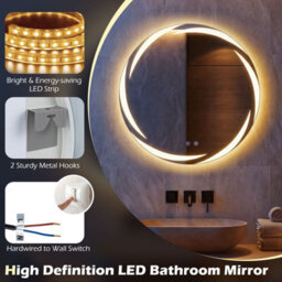 Costway 60 Cm Round Led Bathroom Mirror Tempered Glass Wall Mirror Anti-Fog - thumbnail 5